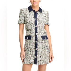 Cinq à Sept Anya Bouclé Pammy dress with dark denim trim.